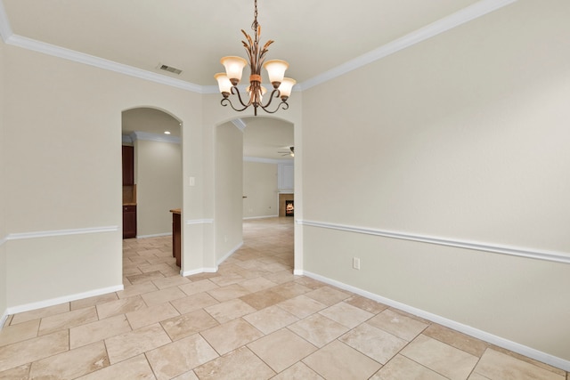 2830 Meadowbrook Ln, Rosenberg, TX 77471 - empty room with arched walkways, crown molding, visible vents, and ceiling fan with notable chandelier