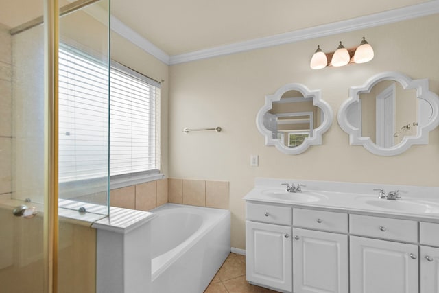 2830 Meadowbrook Ln, Rosenberg, TX 77471 - bathroom with a garden tub, crown molding, a sink, and double vanity