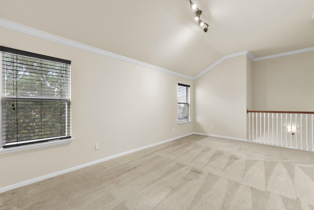 2830 Meadowbrook Ln, Rosenberg, TX 77471 - carpeted spare room featuring vaulted ceiling, baseboards, and ornamental molding