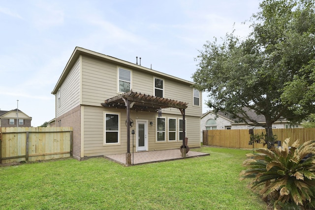 2830 Meadowbrook Ln, Rosenberg, TX 77471 - rear view of property with a pergola, a fenced backyard, a patio, a lawn, and brick siding