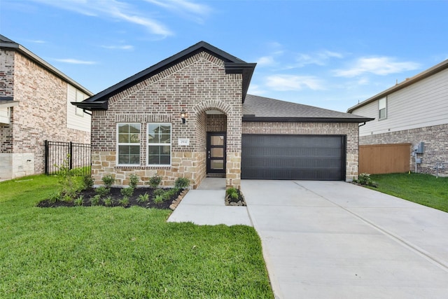 french country inspired facade featuring a garage, fence, a front lawn, and brick siding