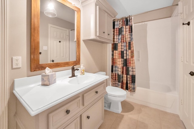 full bath featuring toilet, vanity, shower / bath combination with curtain, and tile patterned floors