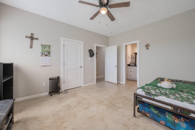414 N Old Springfield Rd, North Zulch, TX 77872 - bedroom with baseboards, a ceiling fan, concrete flooring, and connected bathroom