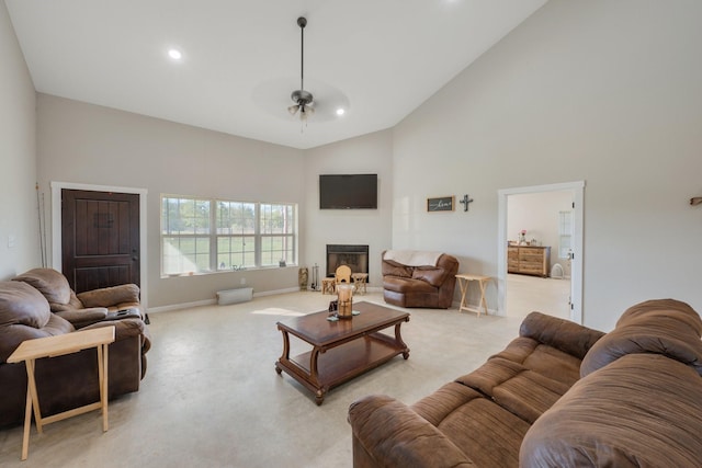 414 N Old Springfield Rd, North Zulch, TX 77872 - living room featuring high vaulted ceiling, a ceiling fan, a fireplace, baseboards, and recessed lighting
