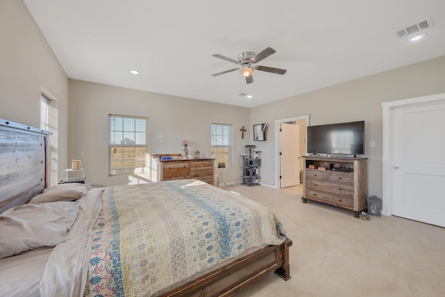 414 N Old Springfield Rd, North Zulch, TX 77872 - bedroom with recessed lighting, visible vents, a ceiling fan, and light colored carpet