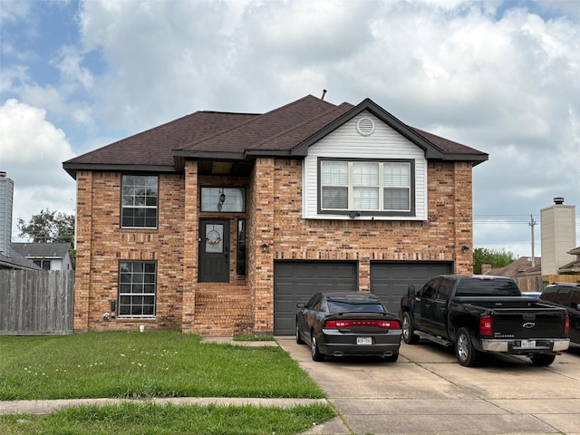 view of front of house with brick siding, fence, a garage, a front yard, and concrete driveway