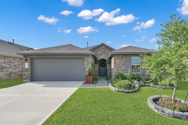 ranch-style home with brick siding, driveway, a front yard, and a garage