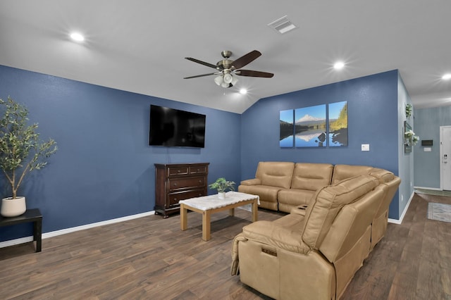 living room featuring a ceiling fan, wood finished floors, baseboards, visible vents, and recessed lighting