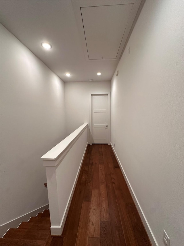 2409 Webster St, Houston, TX 77003 - hallway with attic access, dark wood finished floors, an upstairs landing, and recessed lighting
