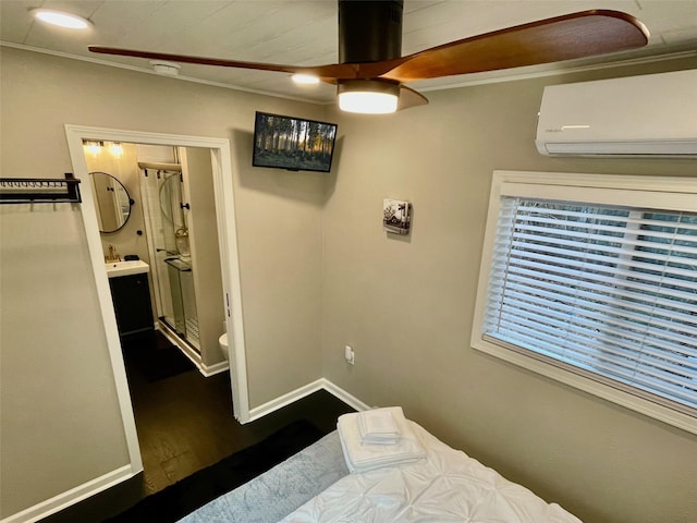 bedroom featuring recessed lighting, dark wood-style floors, a wall unit AC, crown molding, and baseboards