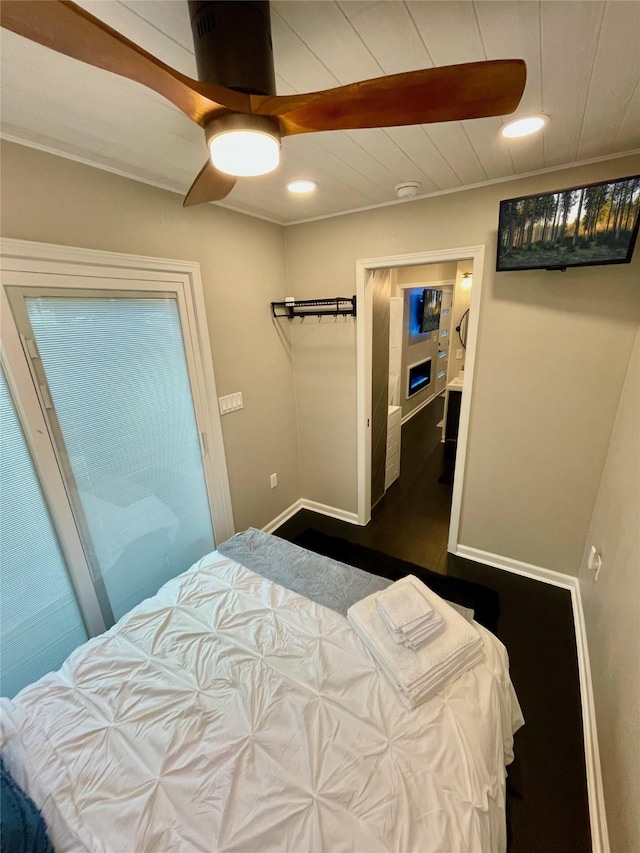 bedroom featuring a ceiling fan, baseboards, recessed lighting, and wooden ceiling