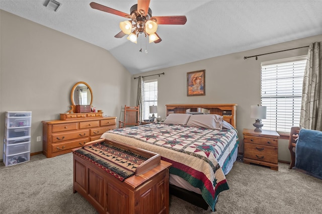 5922 Redfish Run, Baytown, TX 77523 - bedroom featuring lofted ceiling, light colored carpet, visible vents, and a ceiling fan