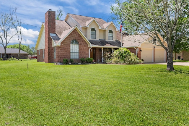 5922 Redfish Run, Baytown, TX 77523 - view of front facade with a front yard, a garage, brick siding, a chimney, and concrete driveway