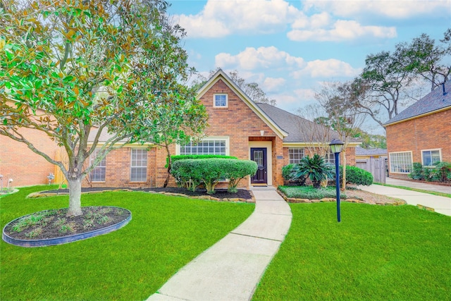 view of front of home with brick siding and a front yard