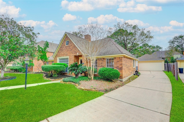 view of front of home with a chimney, a front yard, roof with shingles, and brick siding