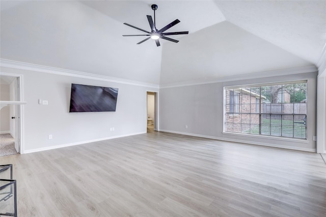 unfurnished living room featuring high vaulted ceiling, ceiling fan, crown molding, light wood finished floors, and baseboards