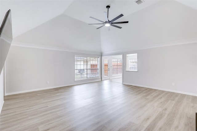 unfurnished living room with high vaulted ceiling, ceiling fan, crown molding, light wood finished floors, and baseboards