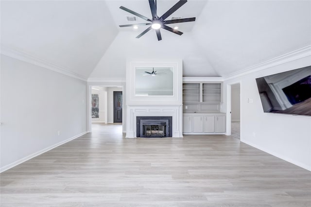 unfurnished living room featuring high vaulted ceiling, a fireplace, baseboards, ceiling fan, and light wood-style floors