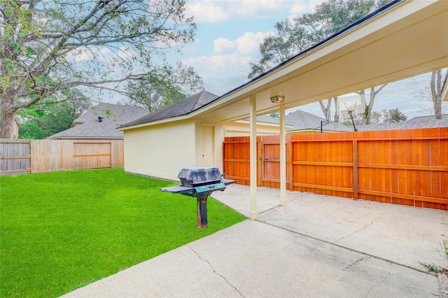 view of yard featuring a patio and a fenced backyard
