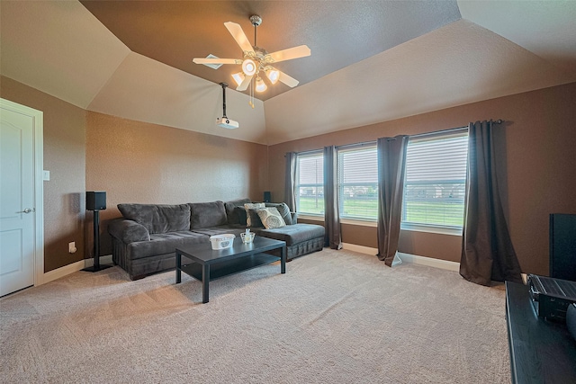 20322 Fossil Valley Ln, Cypress, TX 77433 - living room with ceiling fan, lofted ceiling, and light carpet