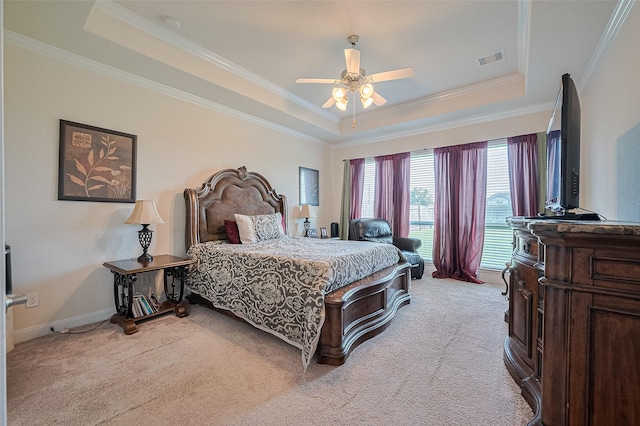 20322 Fossil Valley Ln, Cypress, TX 77433 - bedroom with a raised ceiling, light carpet, crown molding, and ceiling fan