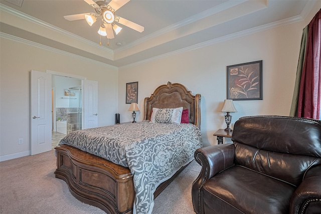 20322 Fossil Valley Ln, Cypress, TX 77433 - carpeted bedroom featuring a raised ceiling, crown molding, connected bathroom, and ceiling fan