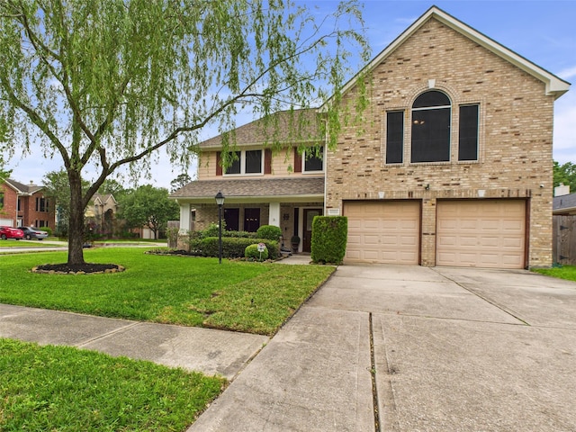 traditional home with concrete driveway, a front lawn, brick siding, and a garage