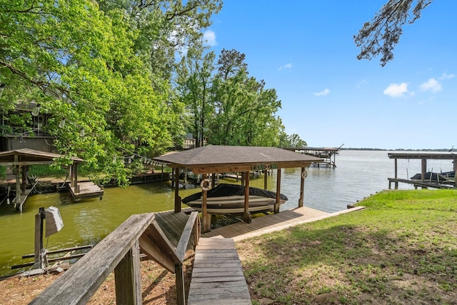 dock area featuring boat lift and a water view