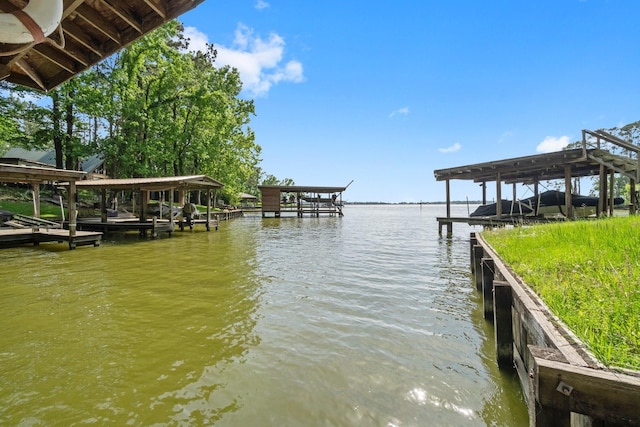 view of dock with a water view and boat lift