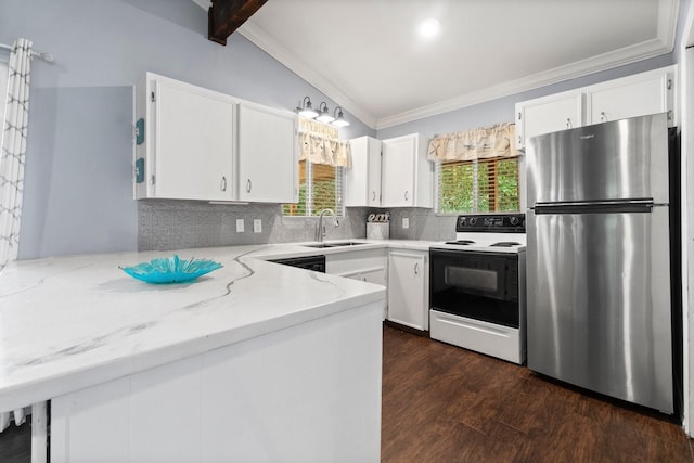 kitchen with a sink, vaulted ceiling with beams, electric range, ornamental molding, and freestanding refrigerator