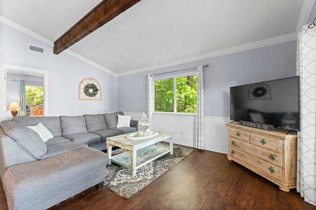living area with lofted ceiling with beams, plenty of natural light, wood finished floors, and visible vents