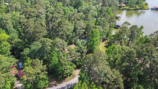 aerial view featuring a forest view and a water view