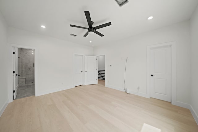 8131 Woodward St, Houston, TX 77051 - unfurnished bedroom with light wood-style flooring, recessed lighting, connected bathroom, and a ceiling fan