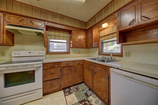 kitchen with a sink, brown cabinets, white appliances, light countertops, and under cabinet range hood