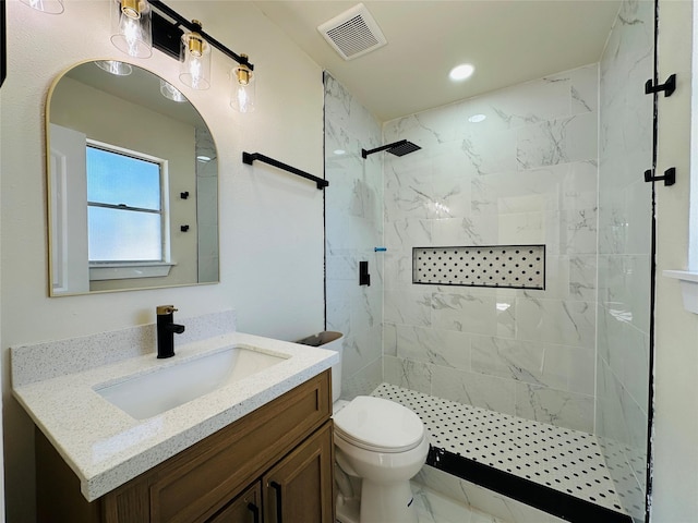 full bathroom featuring a tile shower, toilet, vanity, marble look tiles, and recessed lighting
