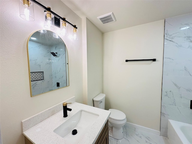 full bathroom with marble look tiles, toilet, vanity, and baseboards