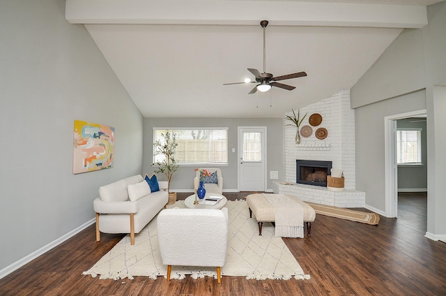 living room with high vaulted ceiling, wood finished floors, ceiling fan, beamed ceiling, and baseboards
