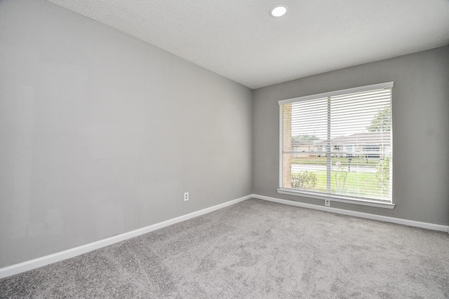 spare room with carpet, a textured ceiling, and baseboards