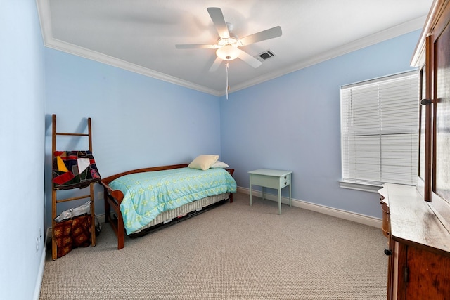 6 Compass Cir, Galveston, TX 77554 - carpeted bedroom with crown molding, visible vents, ceiling fan, and baseboards