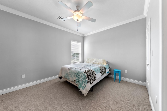 6 Compass Cir, Galveston, TX 77554 - carpeted bedroom with visible vents, ceiling fan, ornamental molding, and baseboards