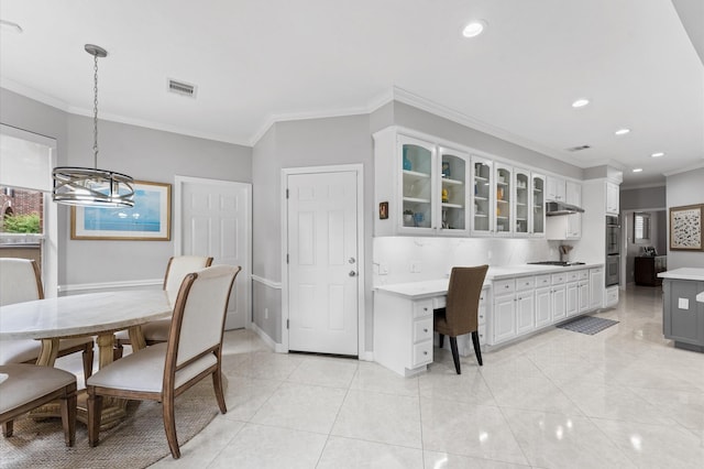 dining space with visible vents, ornamental molding, a notable chandelier, and recessed lighting