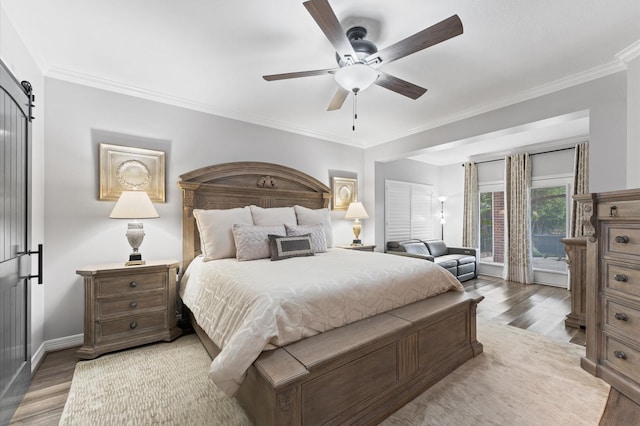 bedroom with crown molding, a ceiling fan, access to exterior, and wood finished floors