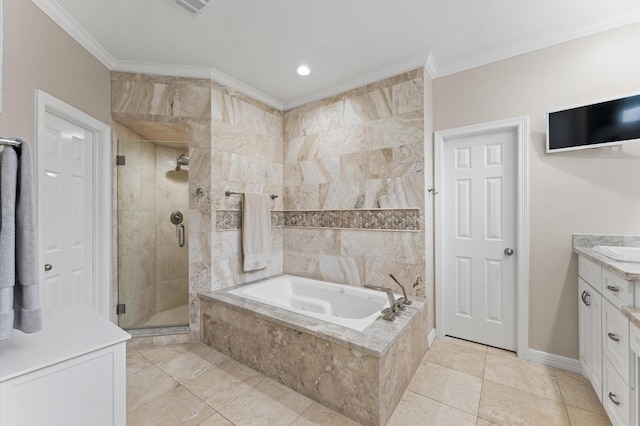 full bath with a garden tub, a shower stall, vanity, baseboards, and ornamental molding