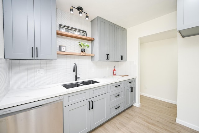 kitchen with backsplash, stainless steel dishwasher, gray cabinets, a sink, and baseboards