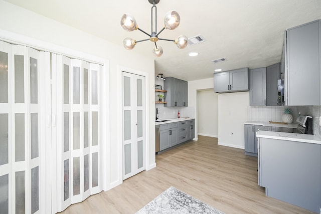 kitchen with tasteful backsplash, a sink, light wood-style floors, gray cabinets, and visible vents