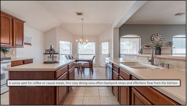 1814 S Everglades Dr, Deer Park, TX 77536 - kitchen featuring a sink, light tile patterned floors, a chandelier, light countertops, and dishwasher