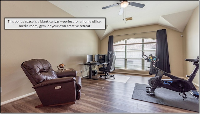 1814 S Everglades Dr, Deer Park, TX 77536 - office space featuring wood finished floors, vaulted ceiling, a ceiling fan, and baseboards