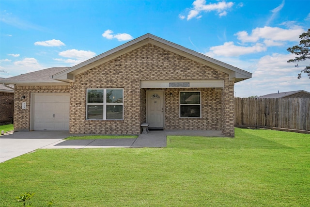 ranch-style house with fence, driveway, a front yard, and a garage