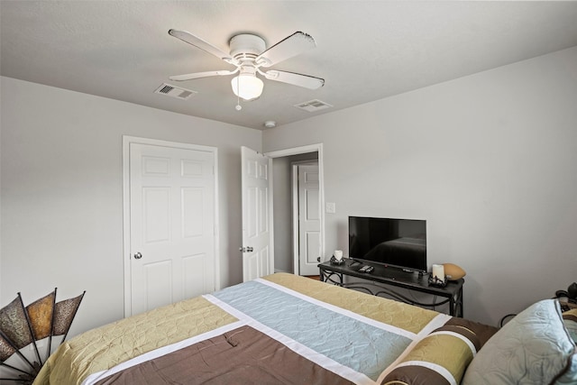 bedroom with ceiling fan and visible vents