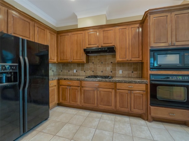 12620 Briar Patch Rd, Houston, TX 77077 - kitchen featuring brown cabinets, ornamental molding, under cabinet range hood, and black appliances